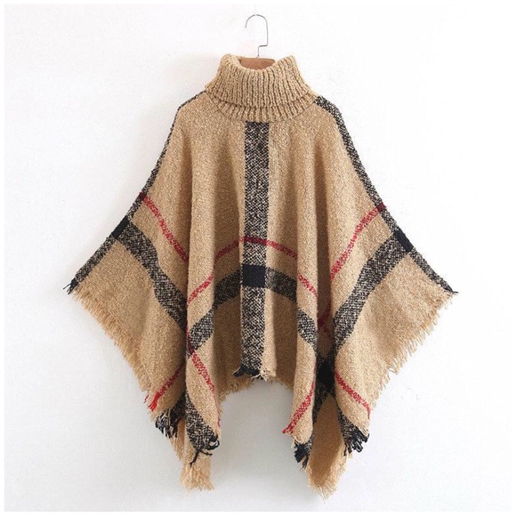 SOLD OUT CLEARANCE Plaid Turtleneck Cape Poncho Knit Sweater - Picture 6 of 7